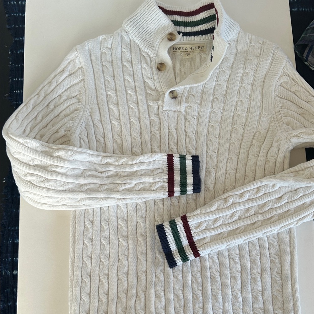 Hope & Henry Boys' Organic Mock Neck Cable Sweater with Buttons, Kids New No Tag